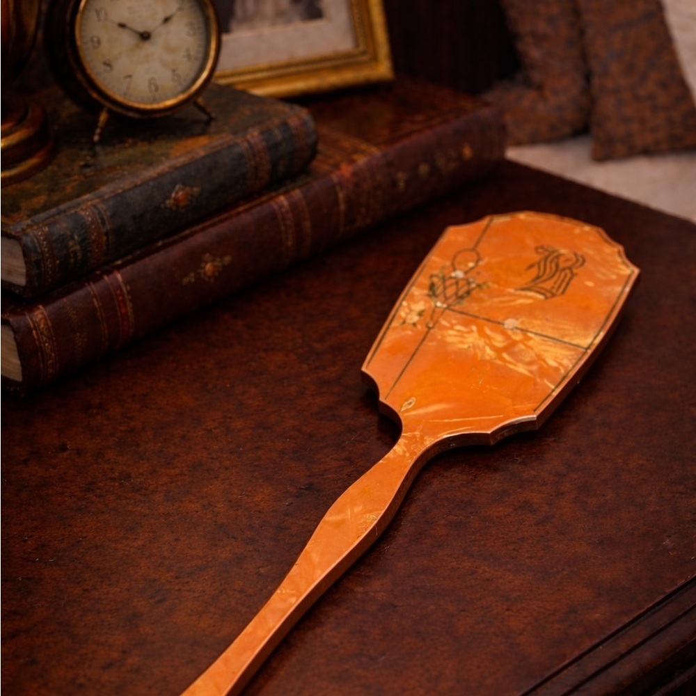Vintage Art Deco Celluloid/Bakelite Hand Mirror Orange Marbled Estate